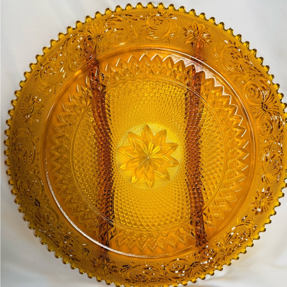 Vintage Amber Glass Sandwich Serving Tray - Starburst Scalloped Rim VTG 70s - Picture 6 of 7